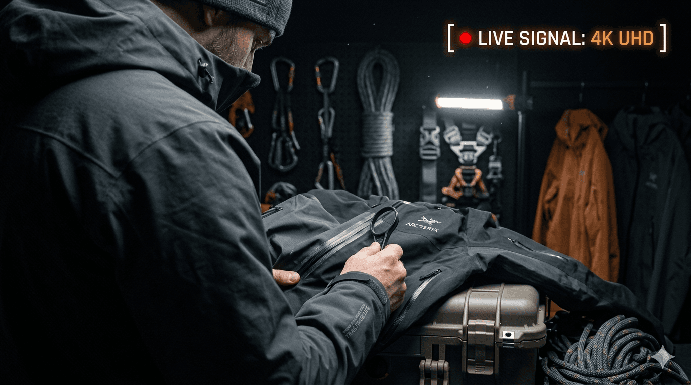 TrailTrade.Live | About A seller showing the details of a technical alpine shell on a live stream, with outdoor gear in the background.